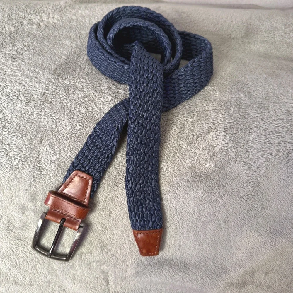Johnston & Murphy Woven Belt Mens 40 Navy Blue Braided Elastic Leather Trim